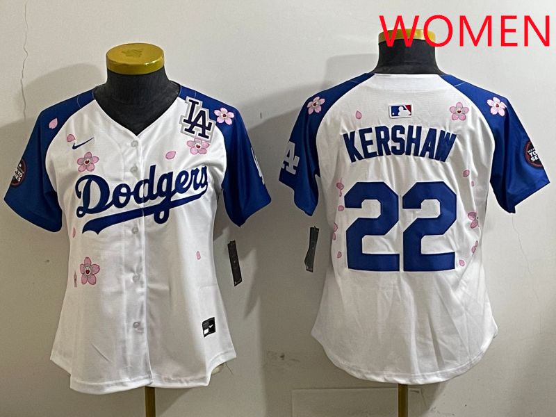 Women Los Angeles Dodgers #22 Kershaw White Blue Sakura Edition 2025 Nike MLB Jersey style 8